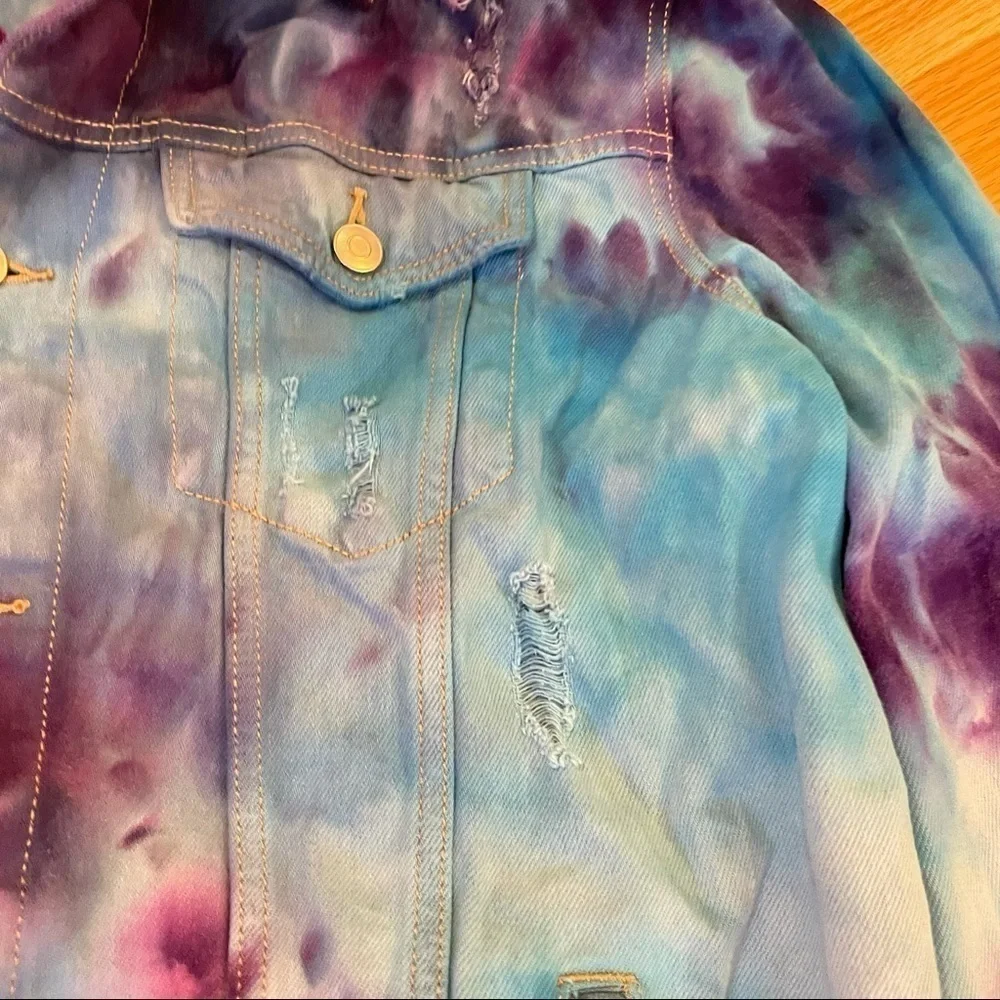 Tie dyed jean jacket distressed blue purple galaxy underwater size L - Picture 4 of 12